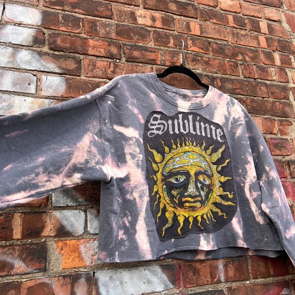 Sublime Upcycled Rock N Roll Tie Dye Cropped Grunge Crewneck Sweatshirt - L - Picture 2 of 3